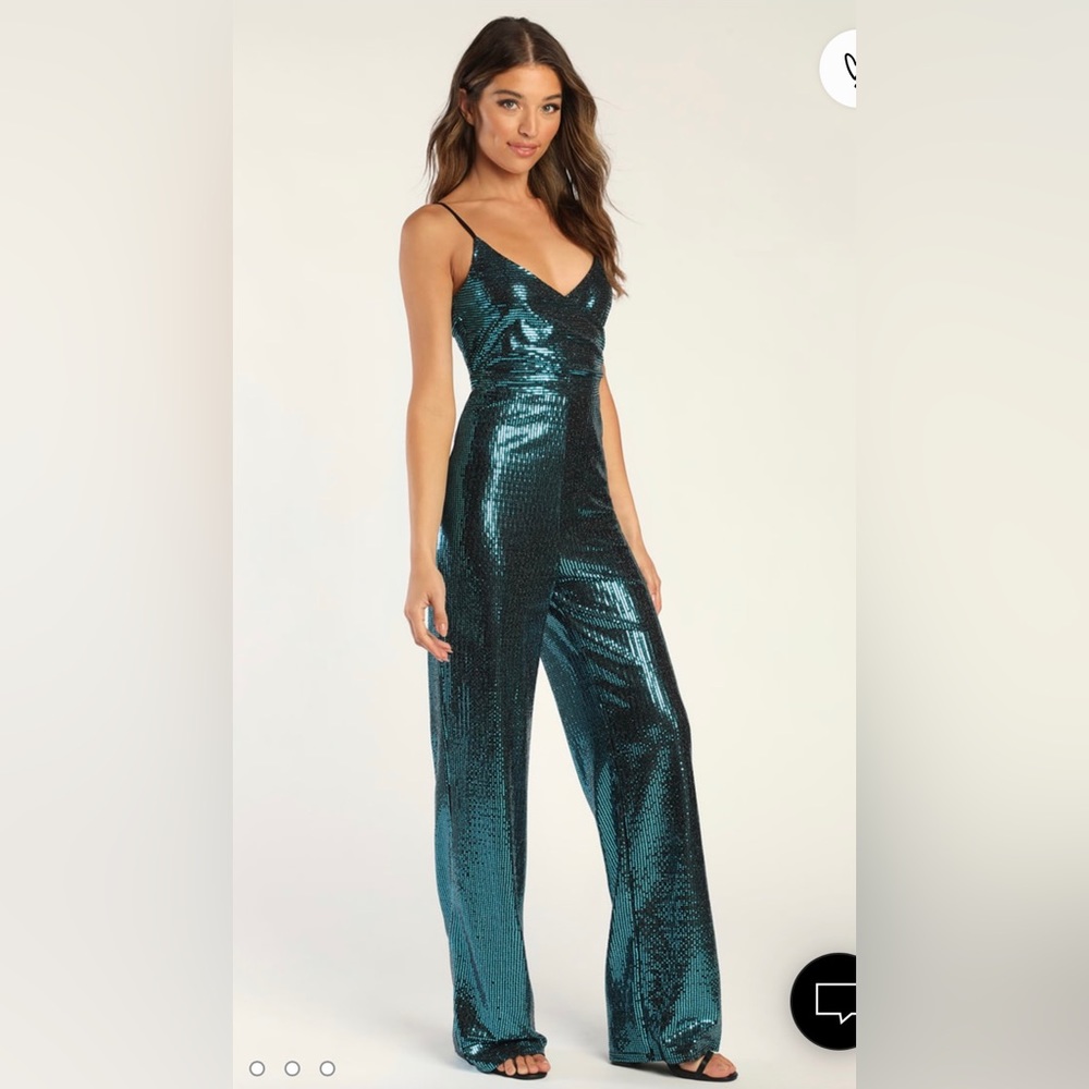 NWT Lulu’s Glitter Glam Shiny Sequin Teal Jumpsuit